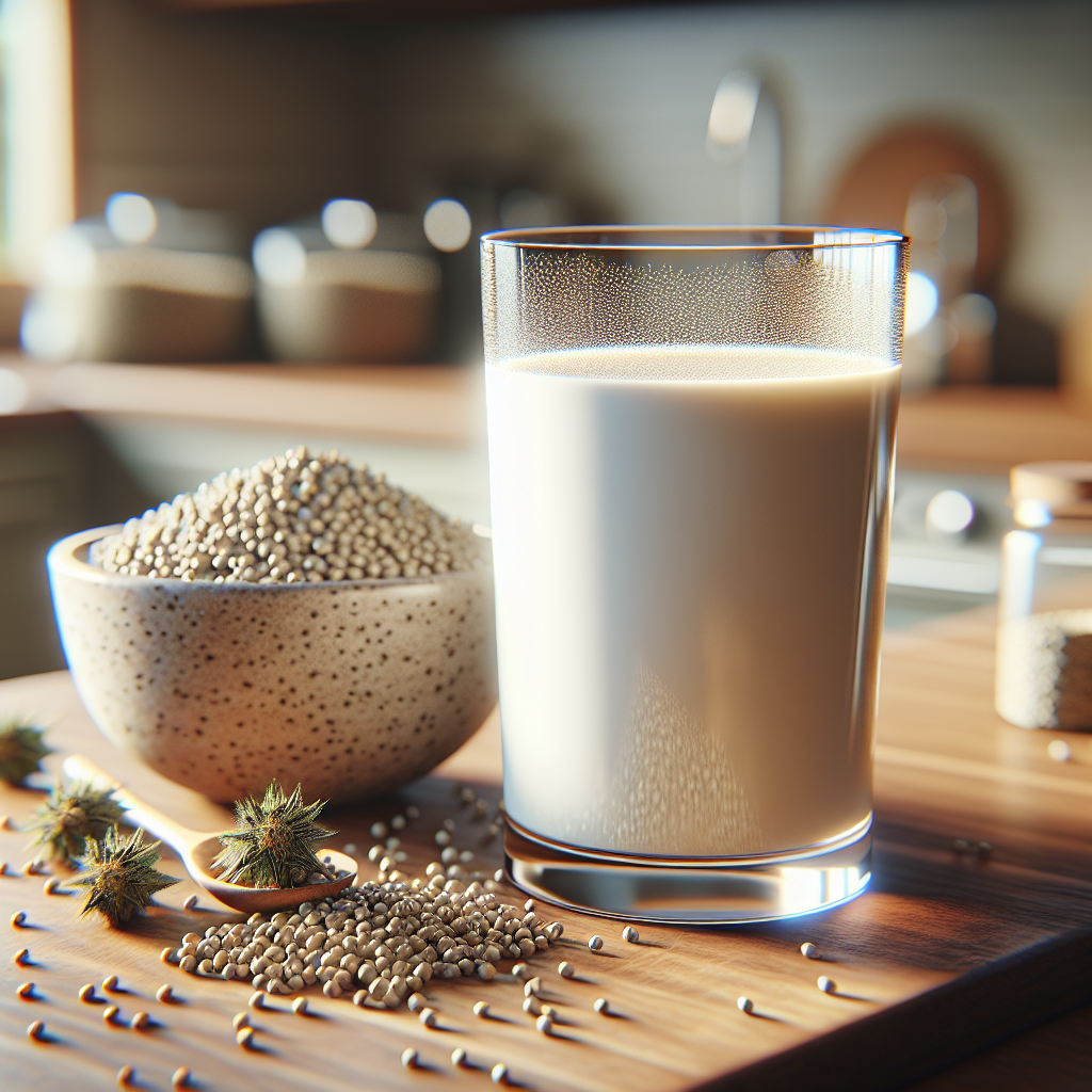 A glass of hemp milk on a kitchen counter with scattered hemp seeds.