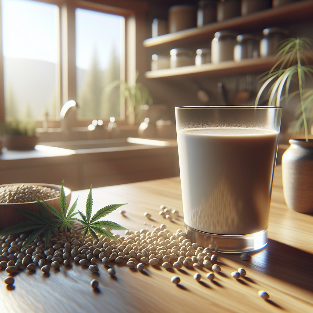 A glass of hemp milk on a kitchen counter with hemp seeds around, sunny background.