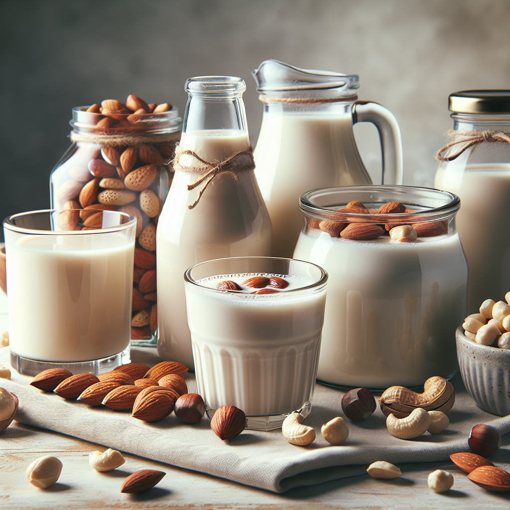 Different varieties of nut milk in glasses placed on a clean, natural kitchen countertop.