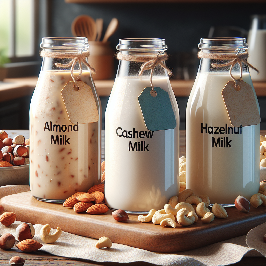 A realistic image showing almond milk, cashew milk, and hazelnut milk in clear glass bottles on a wooden countertop with scattered nuts around.