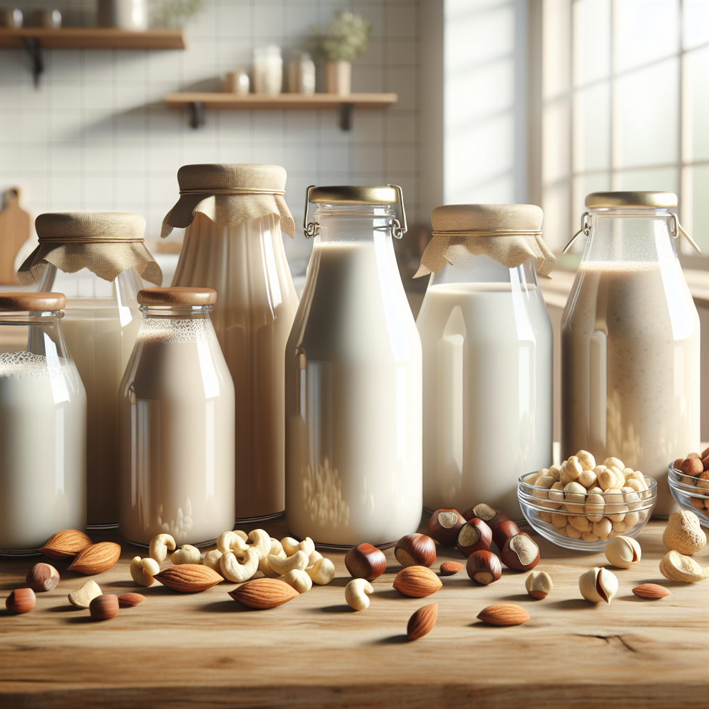 Various types of nut milk in glass jars and bottles on a wooden kitchen counter with assorted nuts scattered around.