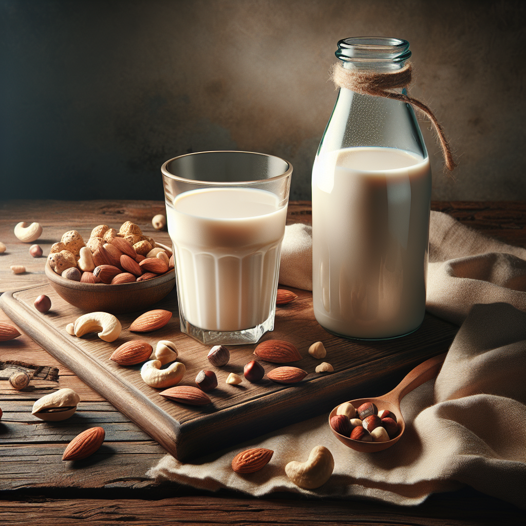 A glass bottle and a glass of nut milk surrounded by various types of nuts on a wooden table.