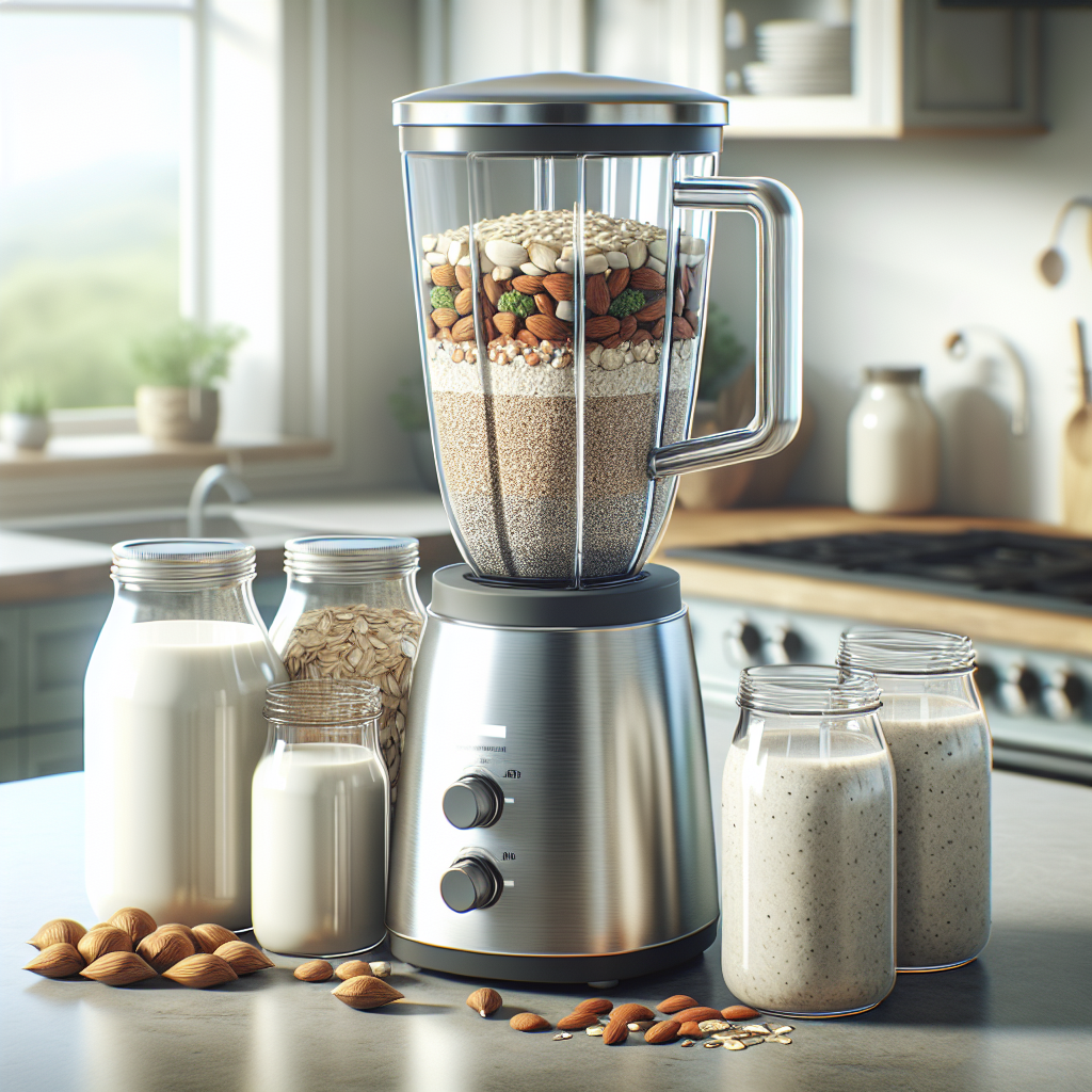 Modern kitchen counter with a high-quality blender and jars of fresh sustainable milk.