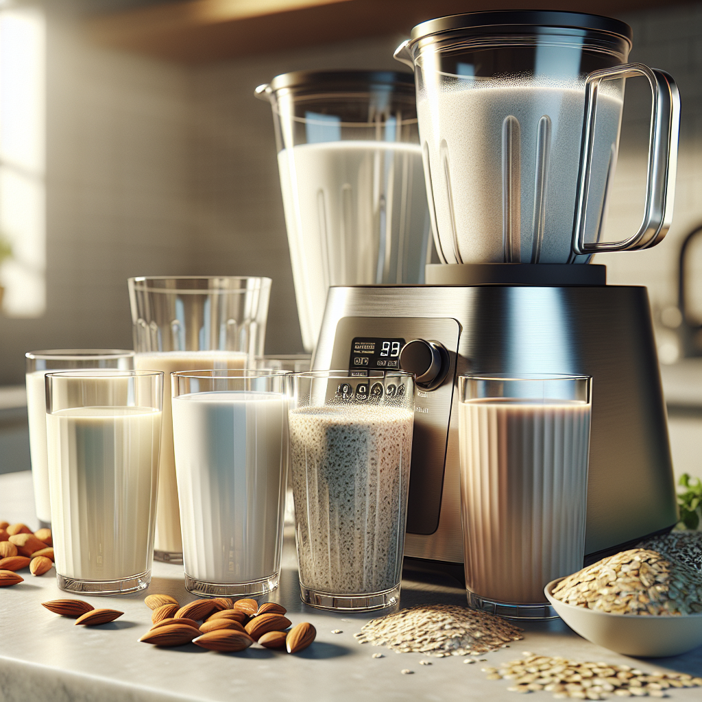 Different types of sustainable milk in glasses and a sleek blender on a modern kitchen countertop.