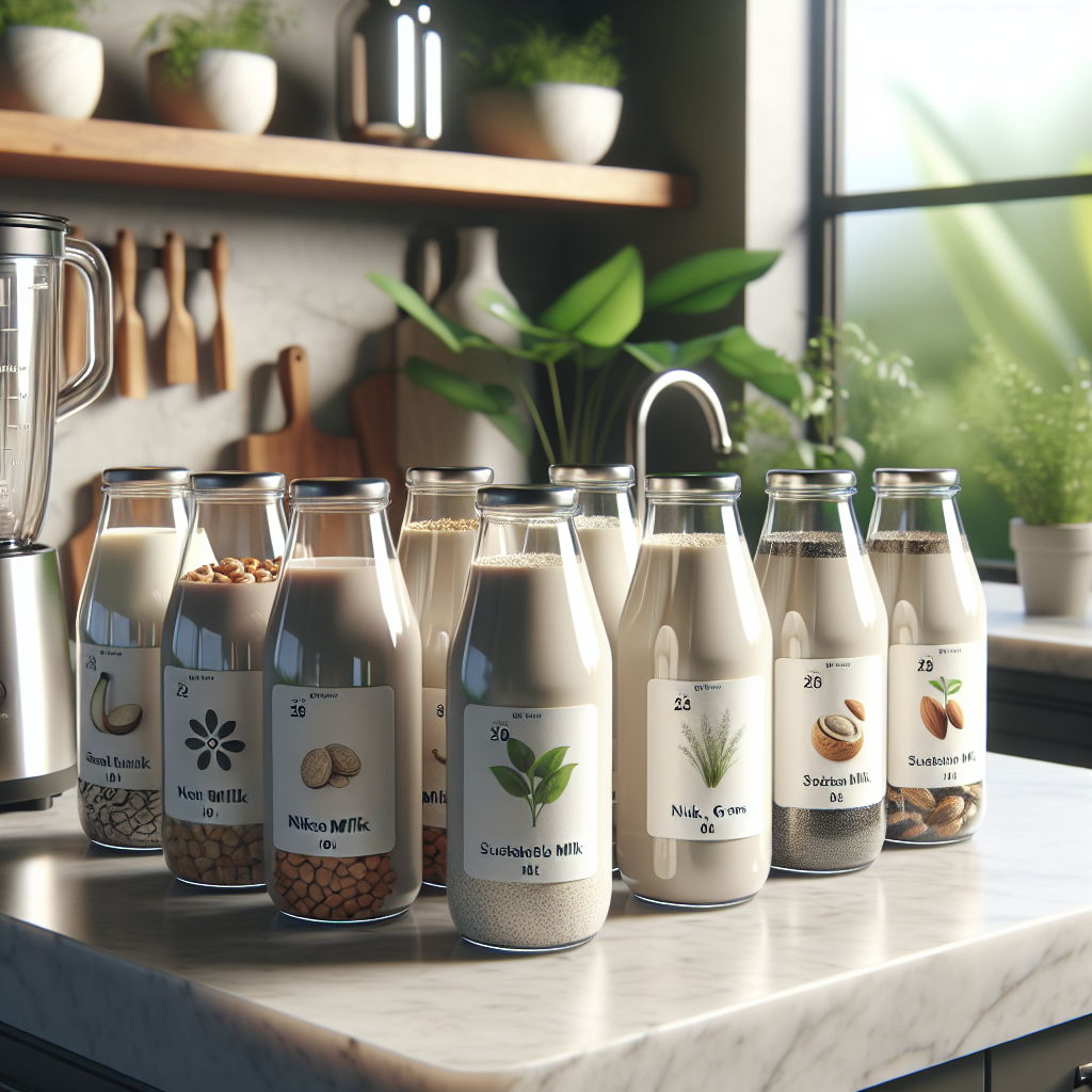 Glass bottles of sustainable milk made from nuts, grains, and seeds on a kitchen counter with a high-quality stainless steel blender.