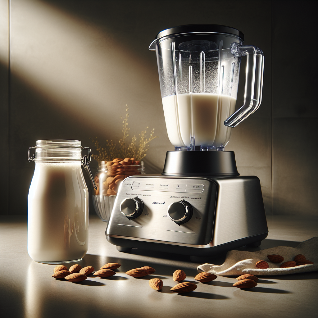 A high-quality stainless steel blender on a kitchen countertop, blending nuts into milk, with a glass jar of freshly made almond milk and almonds nearby.