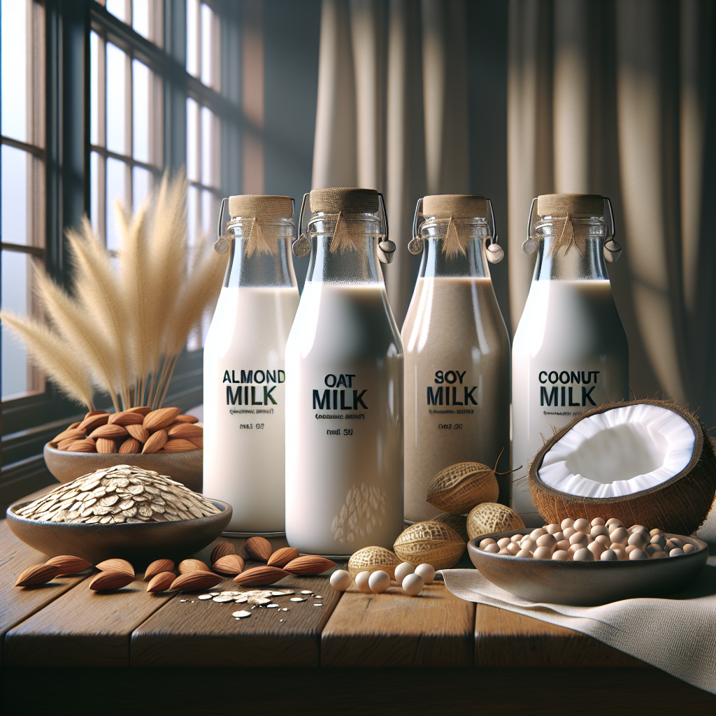 Various non-dairy milk options including almond, oat, soy, and coconut milk with their primary ingredients on a wooden kitchen table.