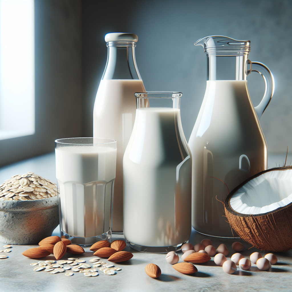 Different types of non-dairy milk in various containers on a kitchen counter.