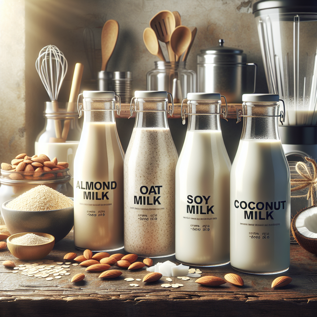 Various types of non-dairy milk in a kitchen setting, including almond, oat, soy, and coconut milk in glass bottles.