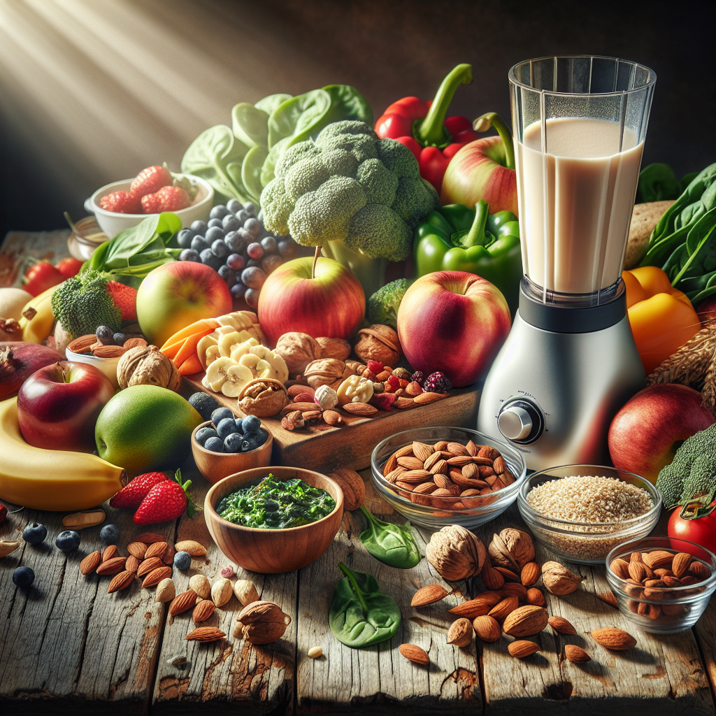 A realistic image showcasing a diverse spread of vegan foods including fruits, vegetables, grains, nuts, seeds, and plant-based milk alternatives.