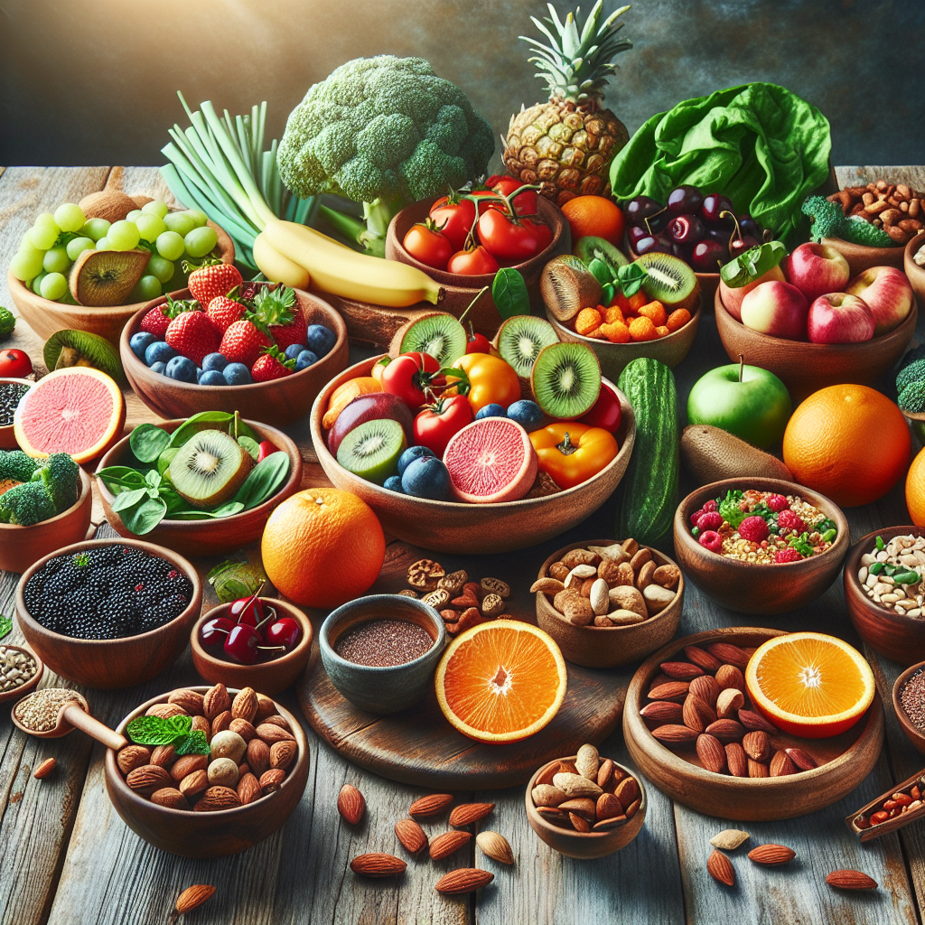 An assortment of vegan foods including fruits, vegetables, nuts, grains, and seeds on a rustic wooden table.