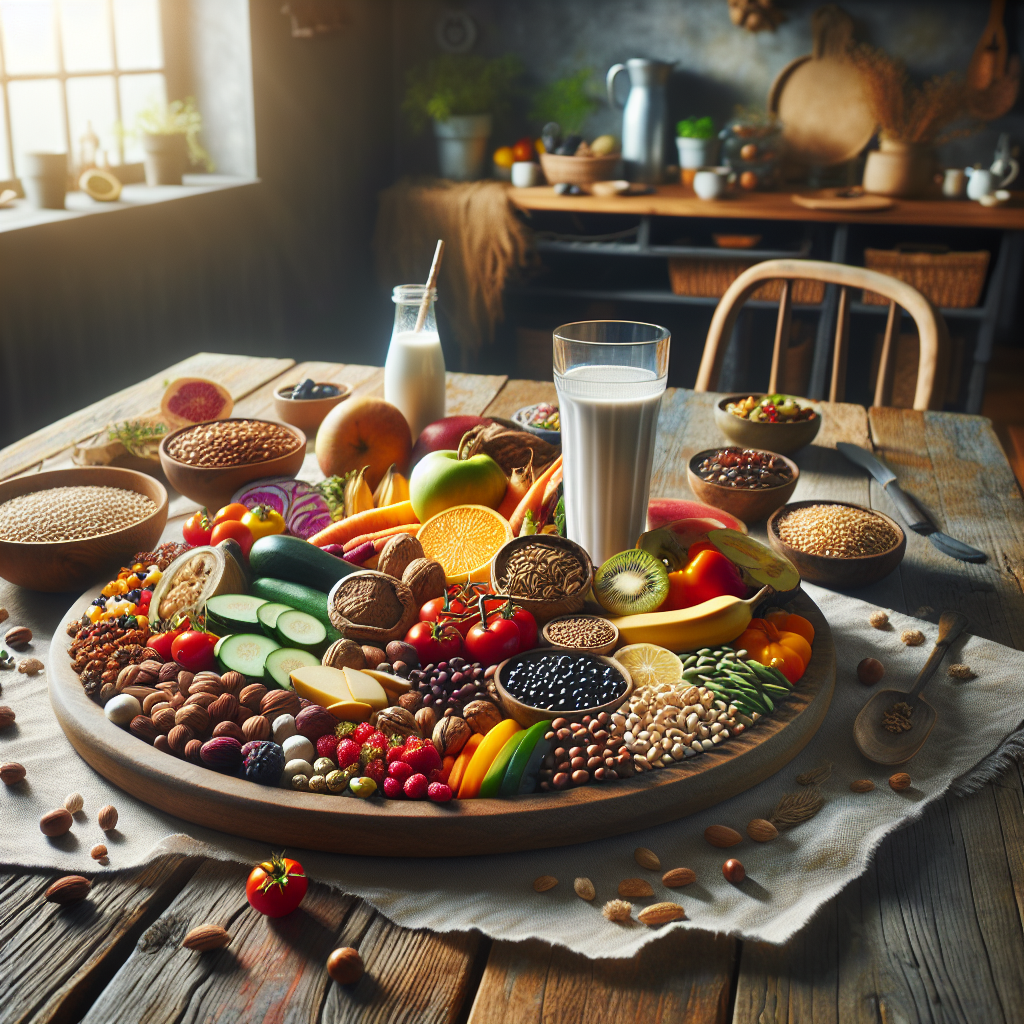 A realistic depiction of a vegan meal with various plant-based foods and a glass of plant-based milk on a wooden table in a kitchen setting.