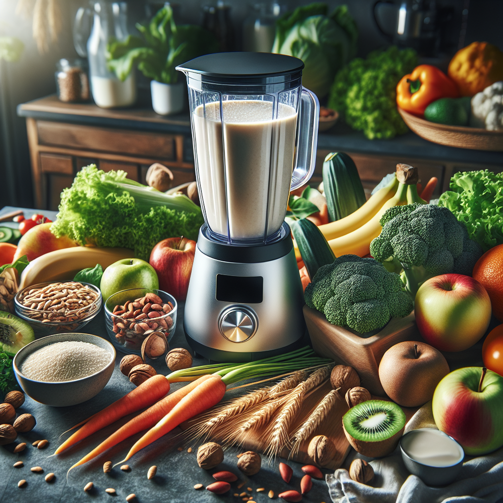 A realistic depiction of fresh plant-based foods and a modern milk-making blender on a kitchen counter.