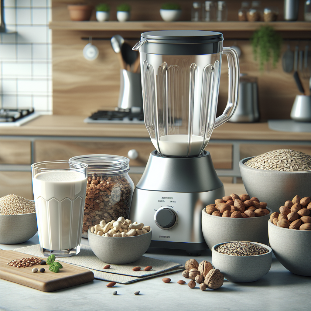 Modern kitchen setup with items for homemade milk, including a blender, various nuts, grains, and a glass of milk.