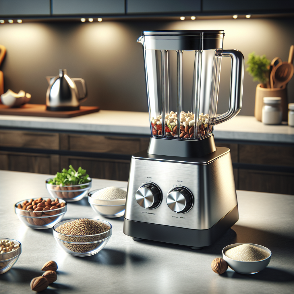 A modern kitchen with a stylish blender and ingredients for making homemade milk.