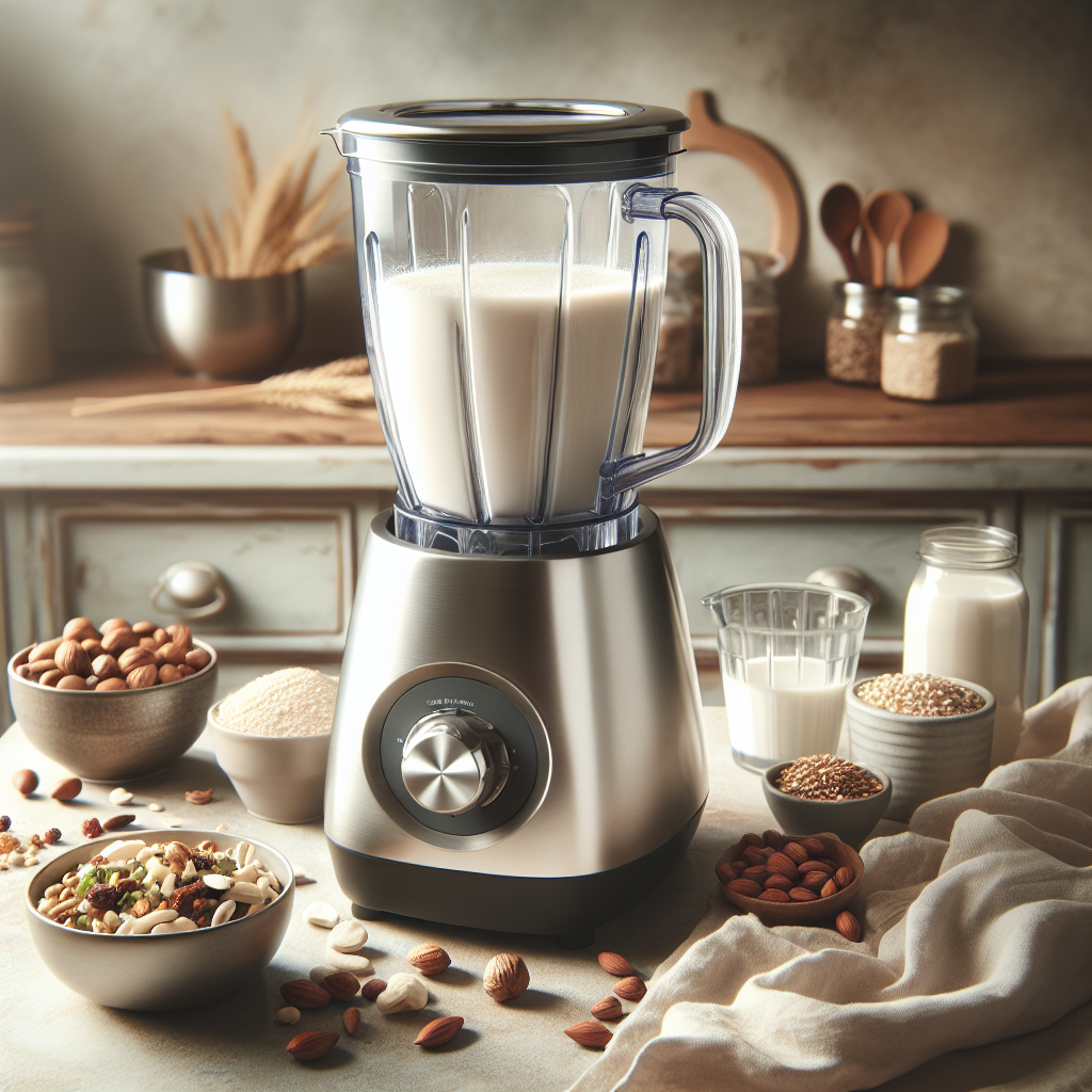 A realistic image of a kitchen countertop with a blender making homemade milk, surrounded by bowls of nuts, grains, and seeds.