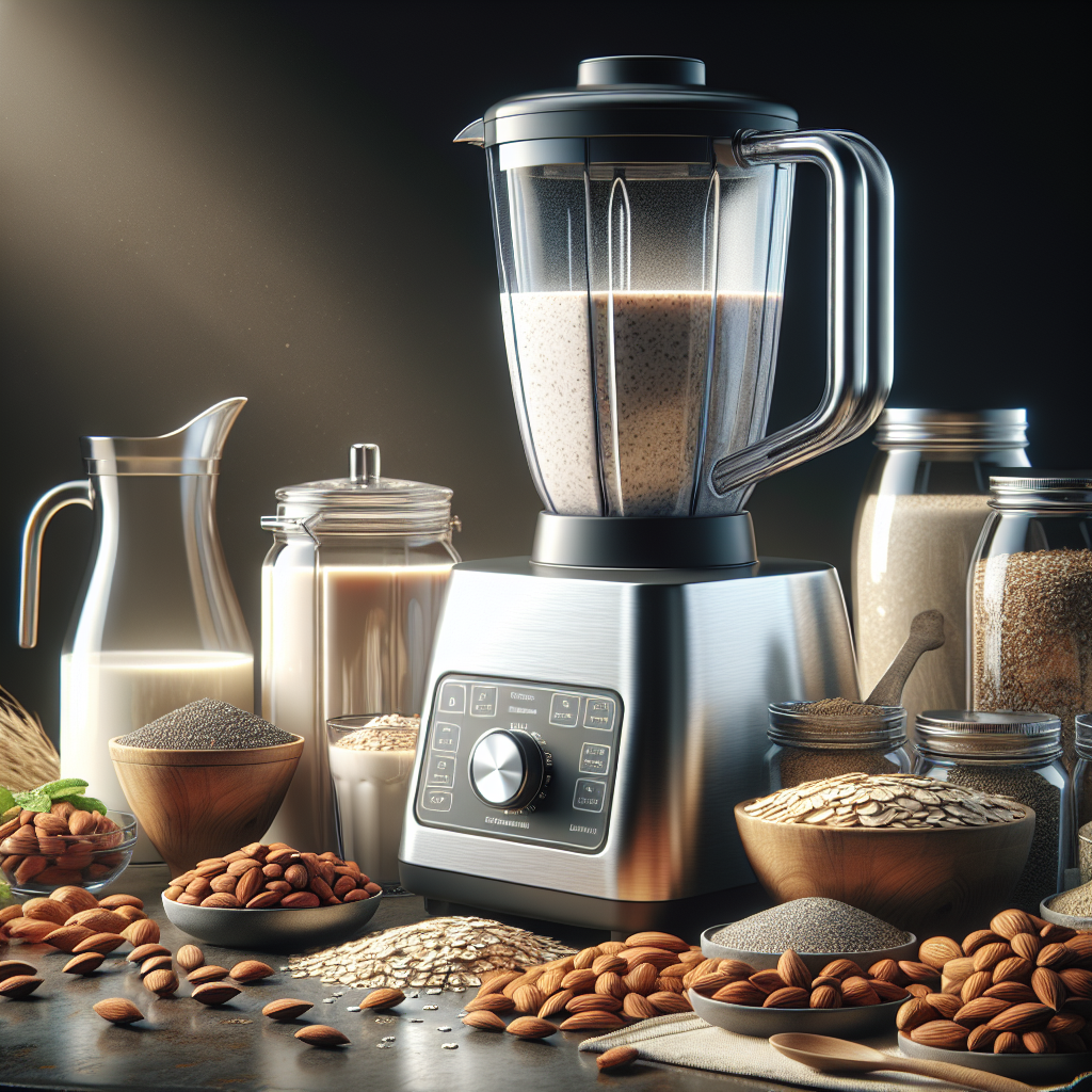 Kitchen countertop with ingredients for homemade milk and a high-quality blender.