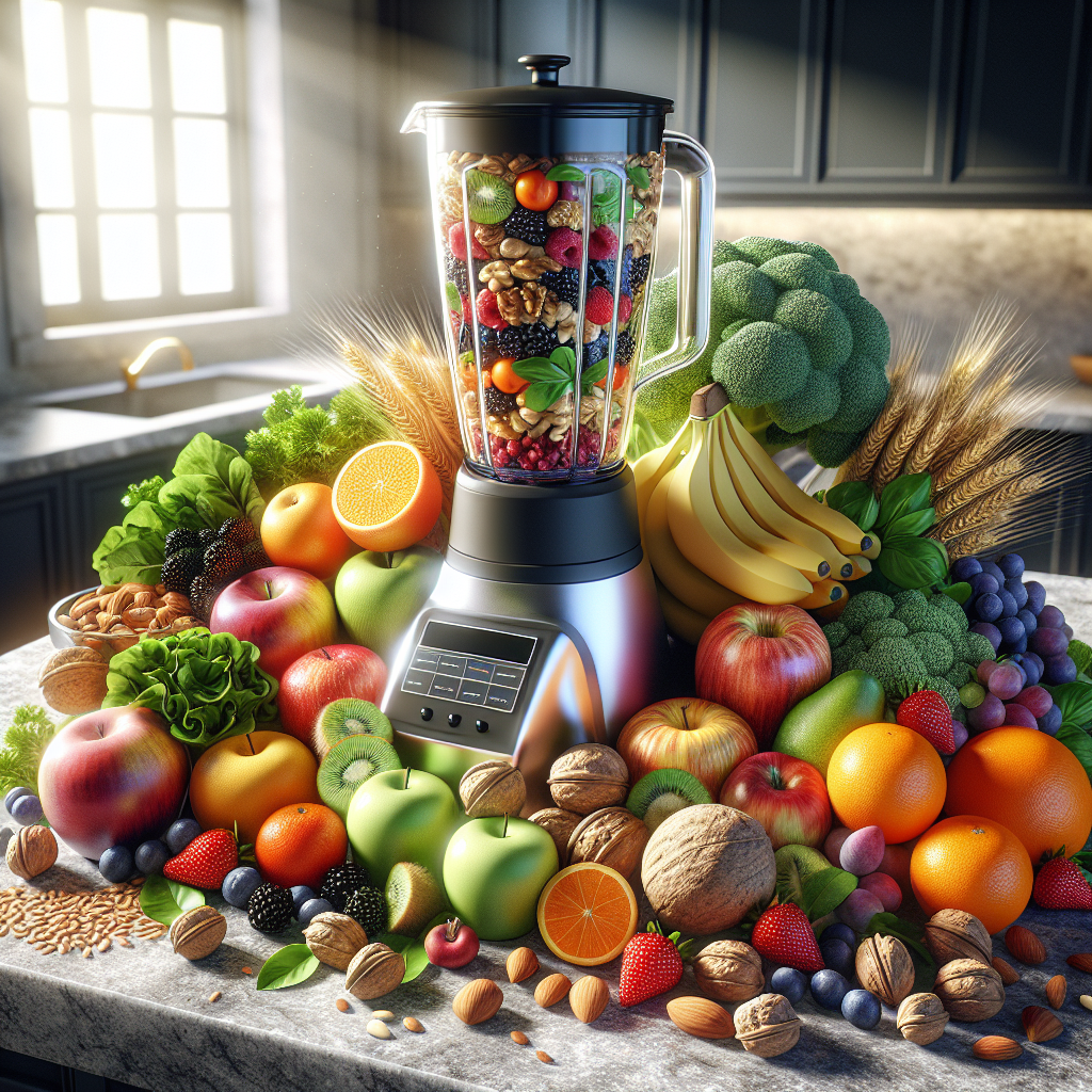 A kitchen countertop with a variety of nutrient-dense foods and a milk-making blender.