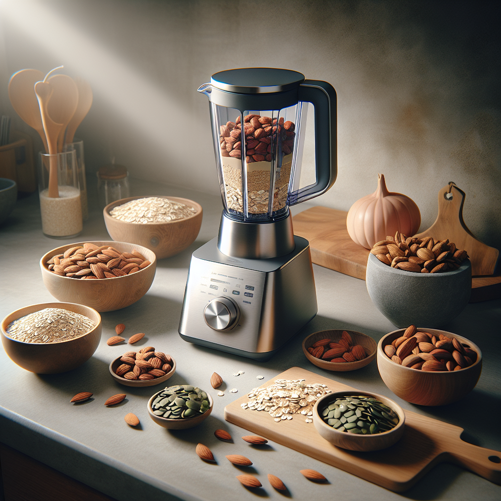 A kitchen countertop with fresh ingredients like nuts, grains, and seeds alongside a modern milk-making blender.