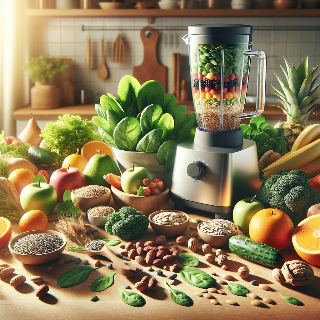 Realistic depiction of various nutritious foods and a milk-making blender on a kitchen counter.