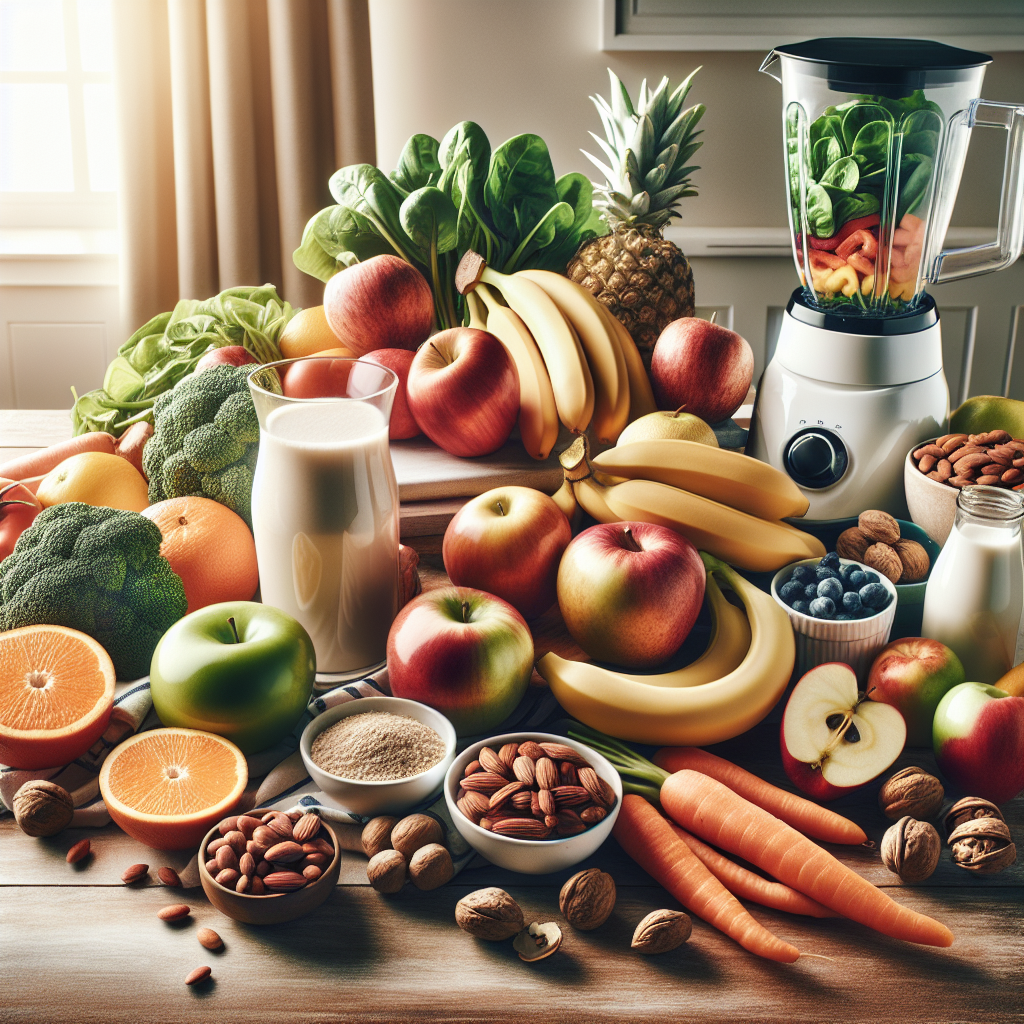 A realistic display of nutritious foods including fruits, vegetables, nuts, grains, and a milk-making blender on a kitchen counter.