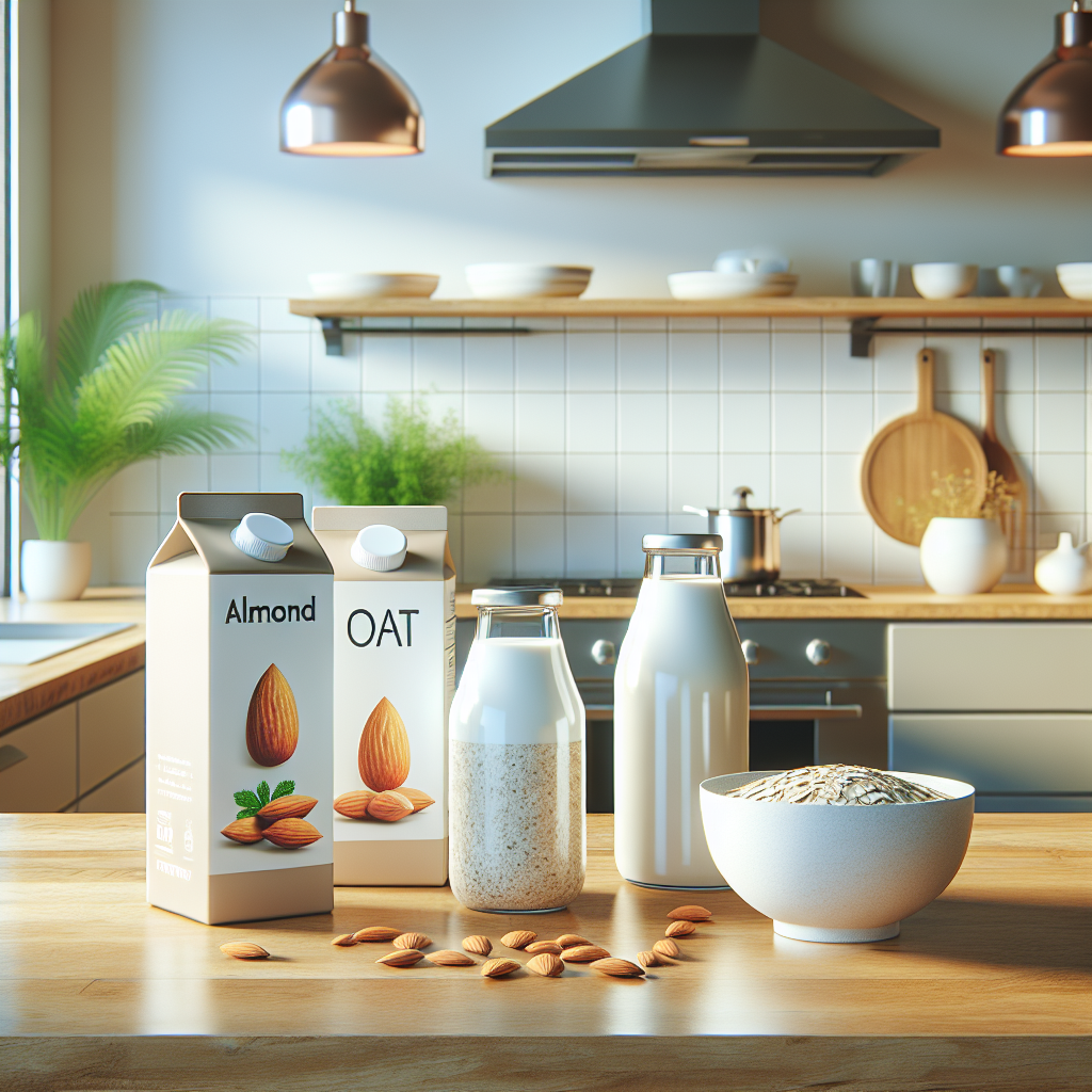 A variety of milk substitutes on a kitchen counter.