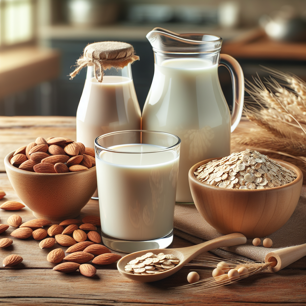 A glass of almond milk, a jug of oat milk, and a bowl of soy milk on a wooden table with respective ingredients.