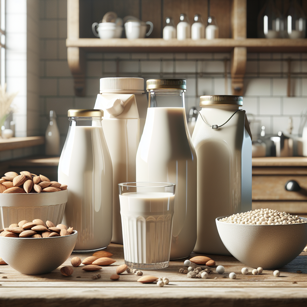 Various milk substitutes such as almond, soy, oat, and rice milk on a wooden kitchen counter.