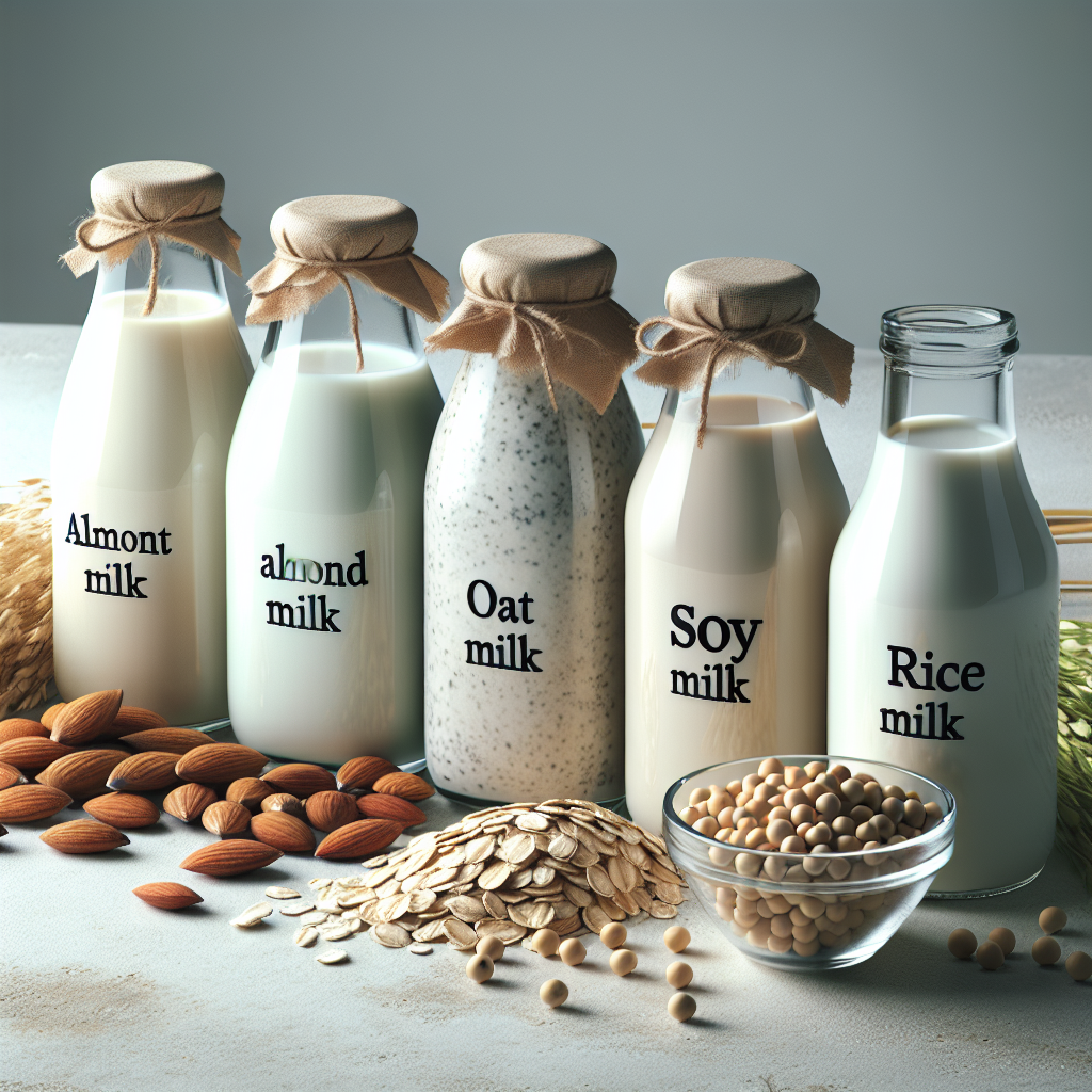 Various milk substitutes in glass bottles on a kitchen countertop with their respective source ingredients.