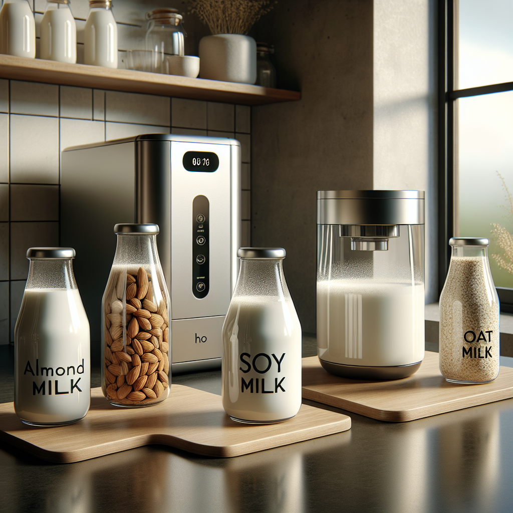 A variety of dairy substitutes including almond milk, soy milk, and oat milk in glass bottles on a kitchen countertop.