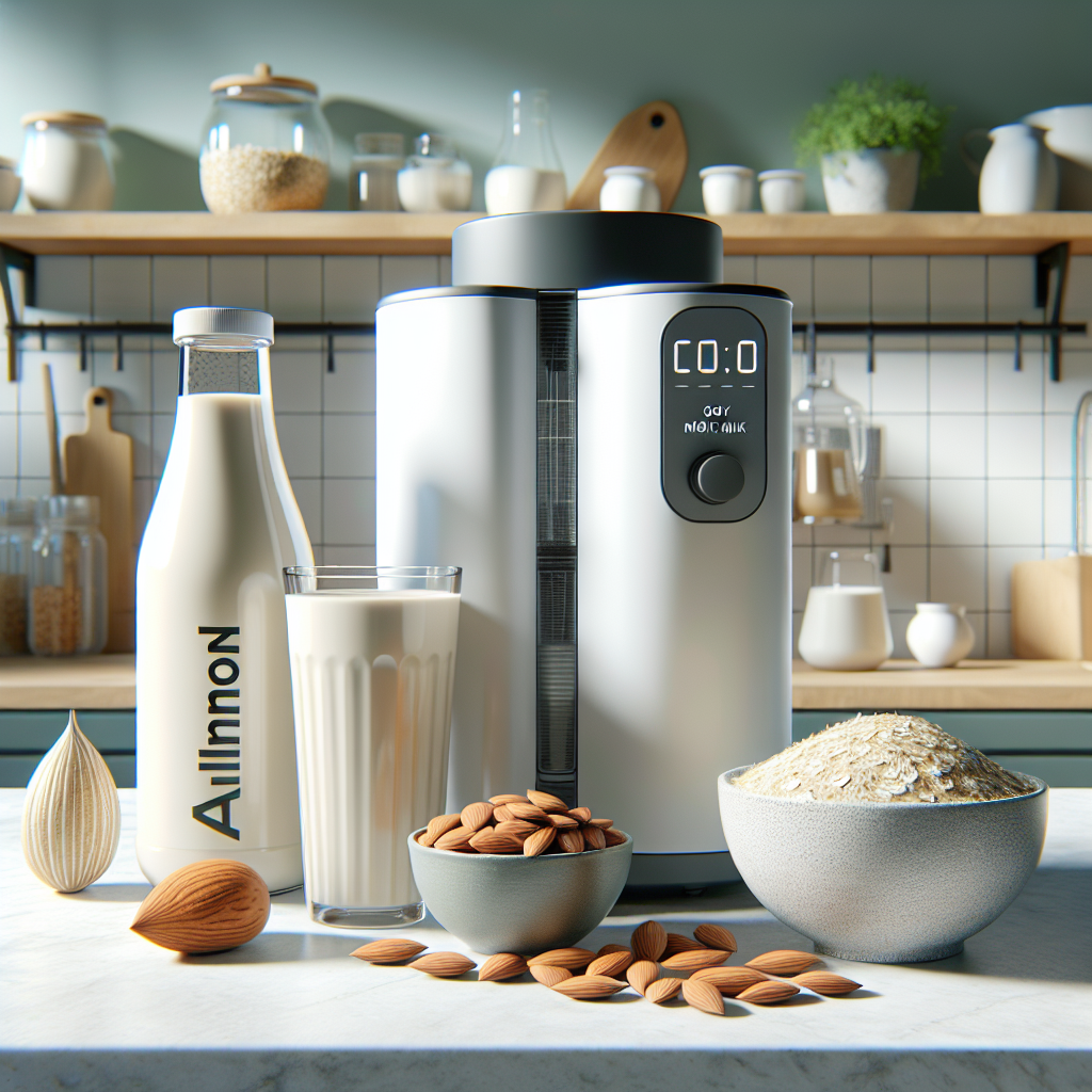 Various dairy substitutes and a milk-making appliance on a kitchen countertop.