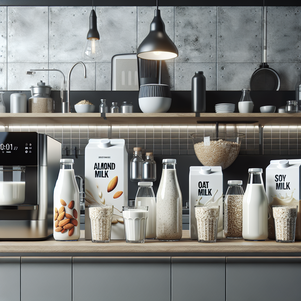 Modern kitchen with various dairy substitute milk bottles and a sleek home appliance for making nut-based milk.