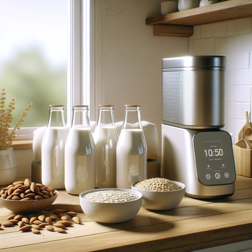 A variety of dairy substitutes and a home appliance on a kitchen countertop.