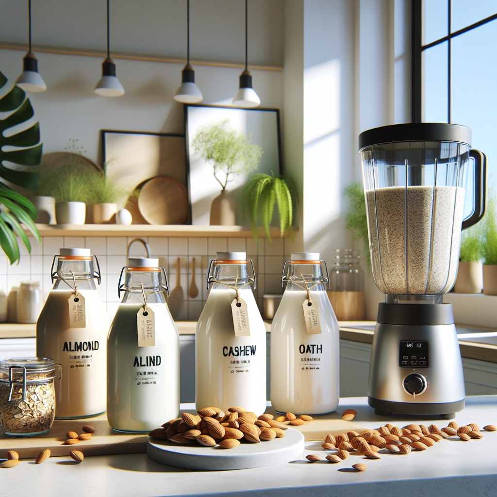 Eco-friendly milk varieties in a clean kitchen setting with a blender and raw ingredients.