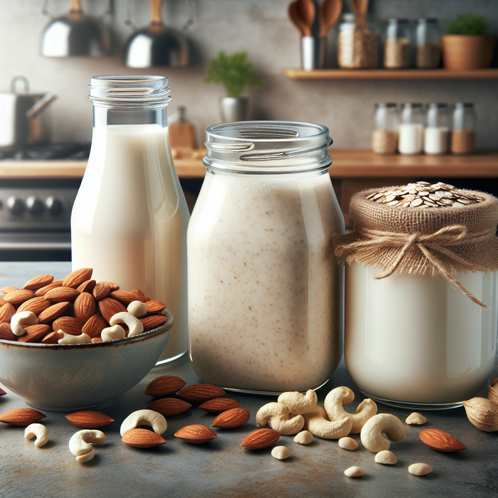 Various eco-friendly milk options arranged on a kitchen countertop, including almond milk, cashew milk, and oat milk in different containers, with ingredients scattered around.