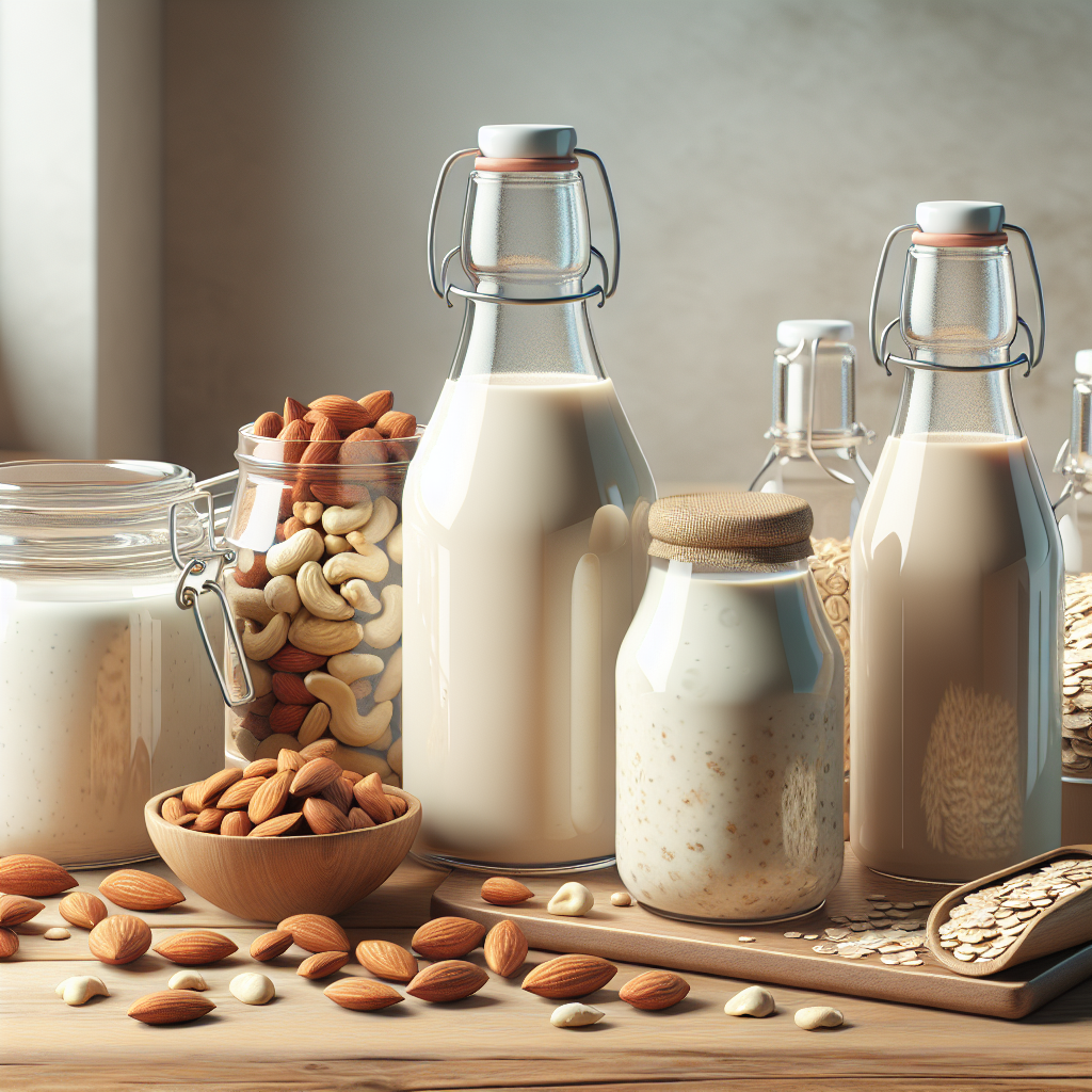 Various types of eco-friendly milk in glass jars on a wooden kitchen countertop with almonds, cashews, and oats.