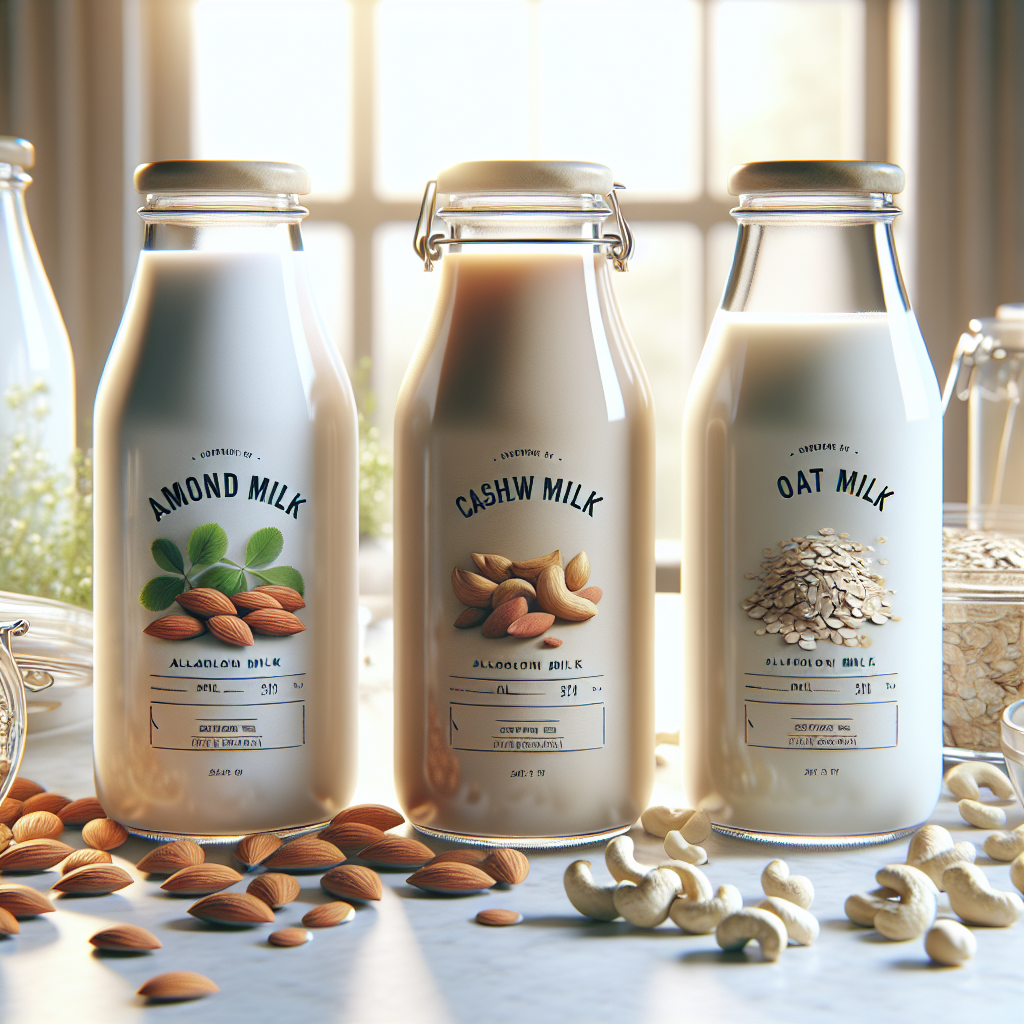 Various eco-friendly milk options in clear glass bottles surrounded by their respective ingredients on a kitchen countertop.