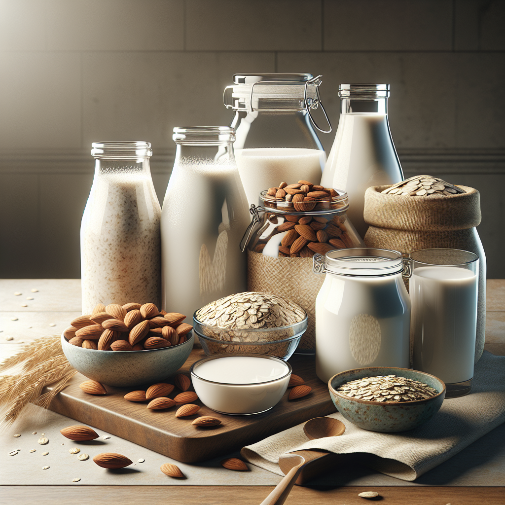 A variety of alternative milk options including almond, oat, rice, and hemp milk, displayed with raw ingredients on a wooden countertop.