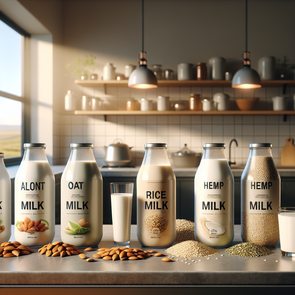 Various alternative milk options including almond, oat, rice, and hemp milk on a kitchen countertop.