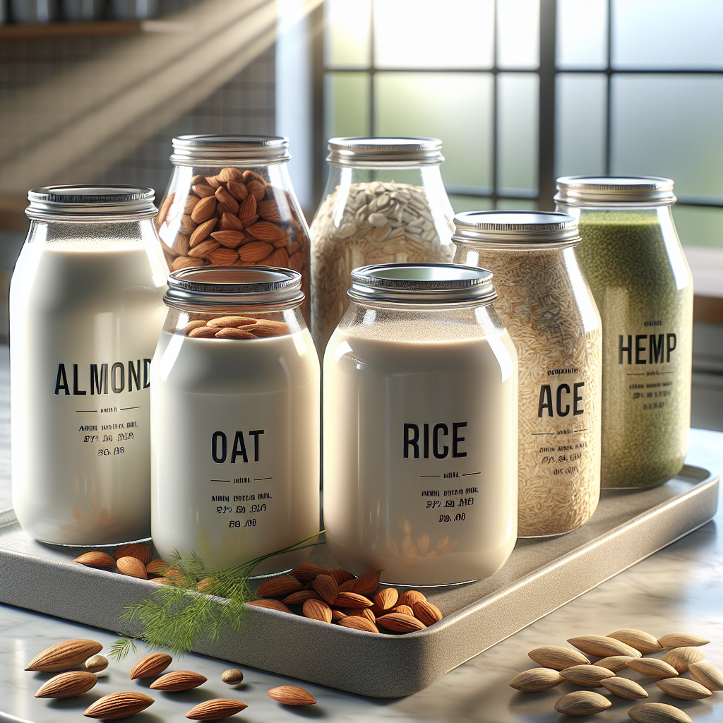 Various types of alternative milks on a kitchen countertop.