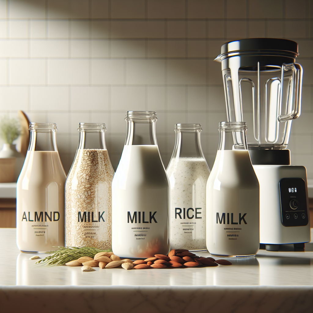 A realistic depiction of various alternative milk options in glass bottles, with a blender on a kitchen counter.