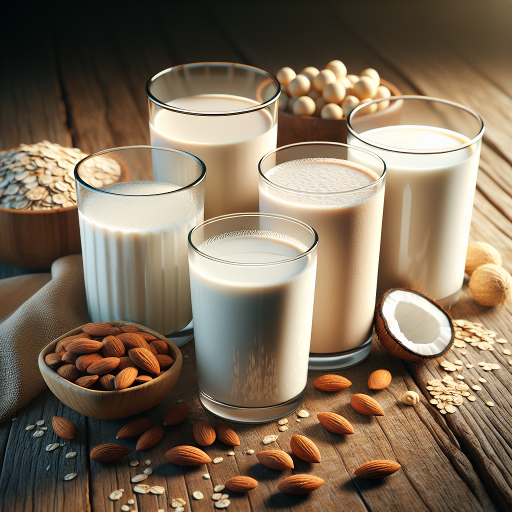 Various types of vegan milk including almond, soy, oat, and coconut milk in glasses on a wooden table with ingredients around.