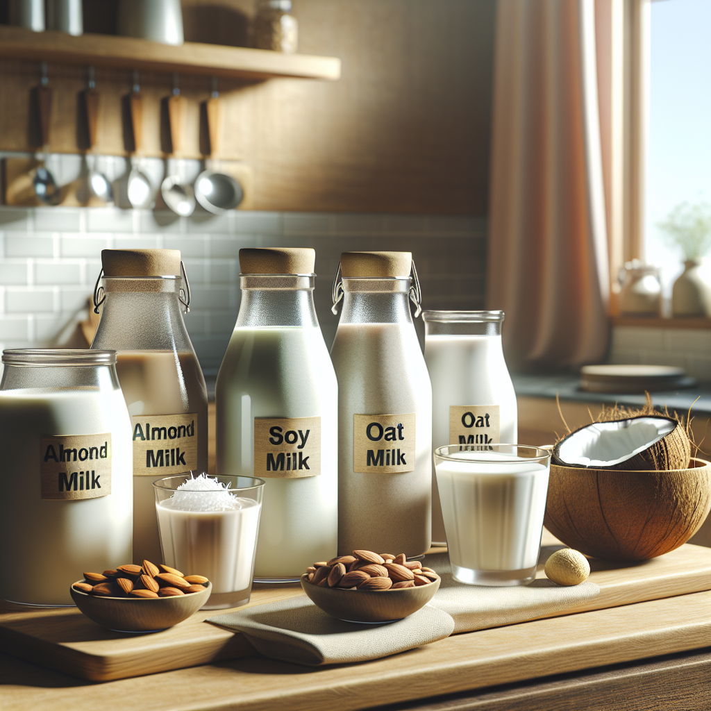 Various types of vegan milk in clear glass containers on a wooden kitchen countertop in a cozy kitchen.