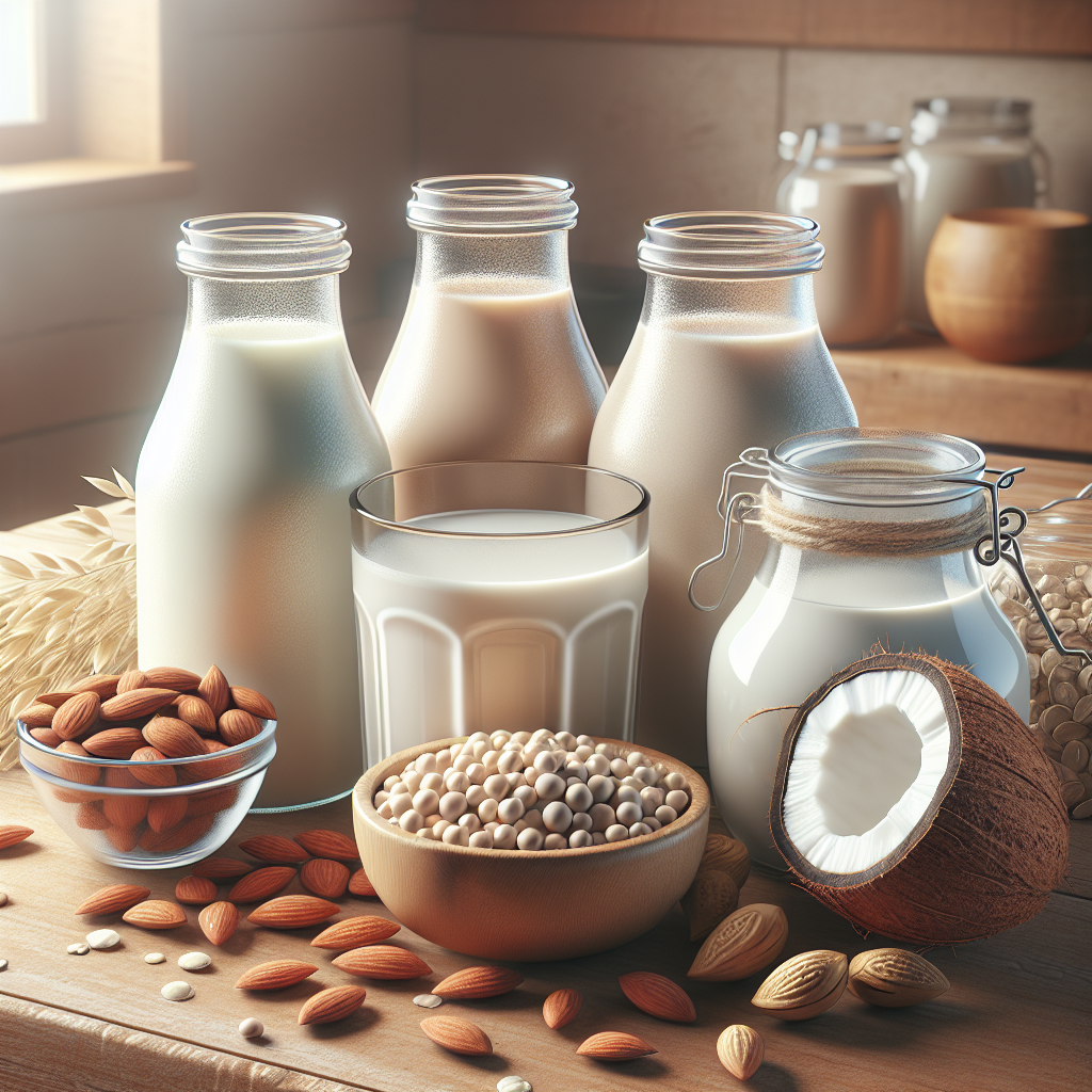 A selection of vegan milks in glass bottles and mugs with their plant-based sources on a wooden kitchen countertop.