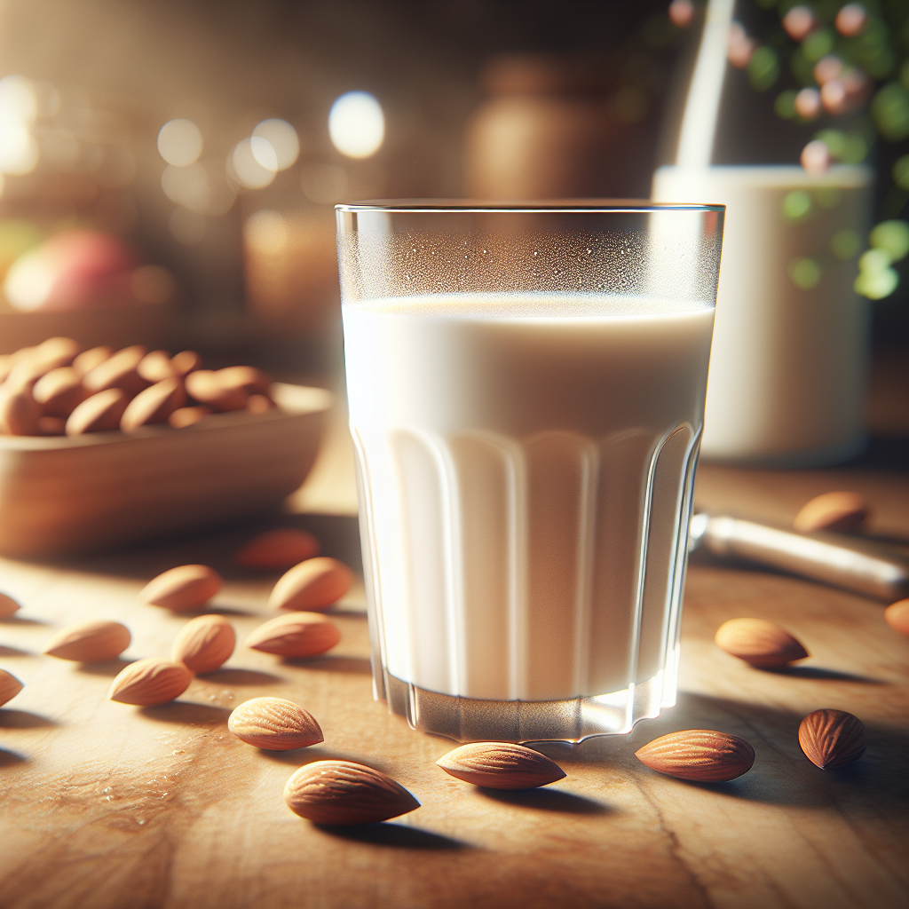 A glass of almond milk on a kitchen counter with almonds scattered around.