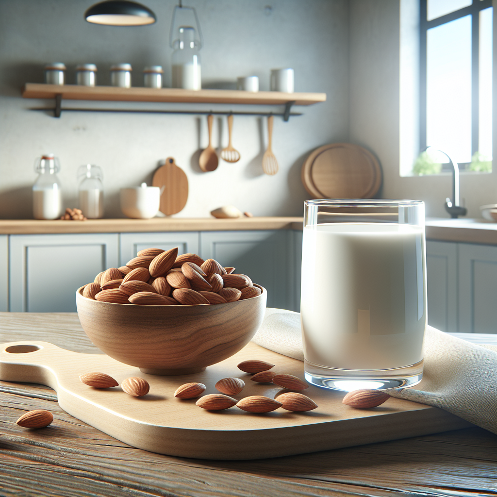 A glass of almond milk on a kitchen table with almonds.