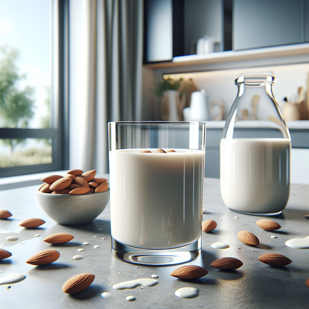 A realistic image of a glass of almond milk with scattered almonds on a modern kitchen counter.