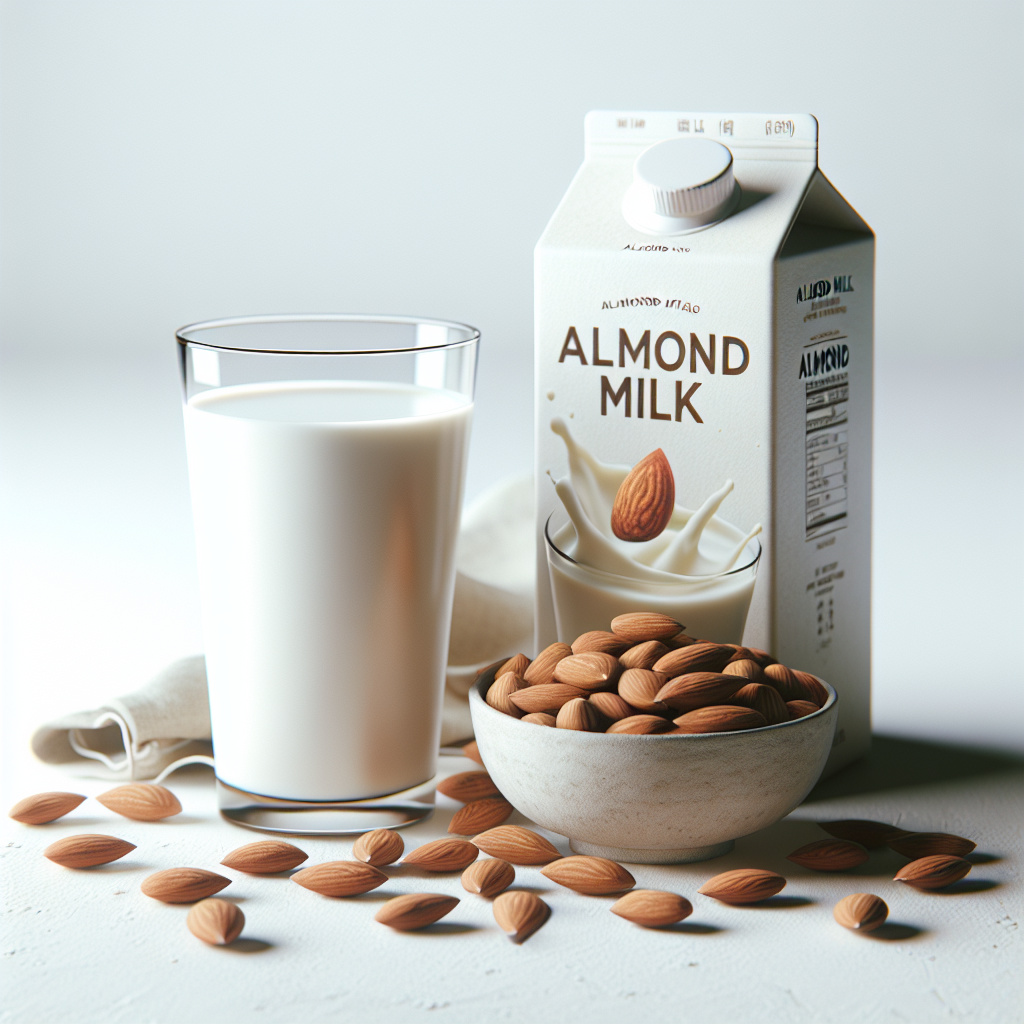 A realistic depiction of almond milk carton, glass of almond milk, and a bowl of almonds.