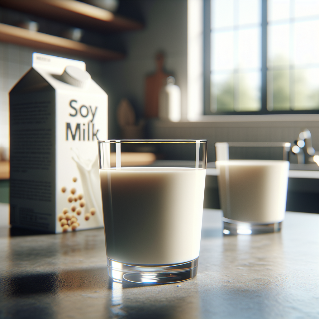 A glass of soy milk on a kitchen countertop with a carton of soy milk in the background.