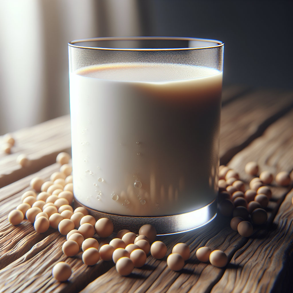 A glass of soy milk on a wooden table with soybeans.